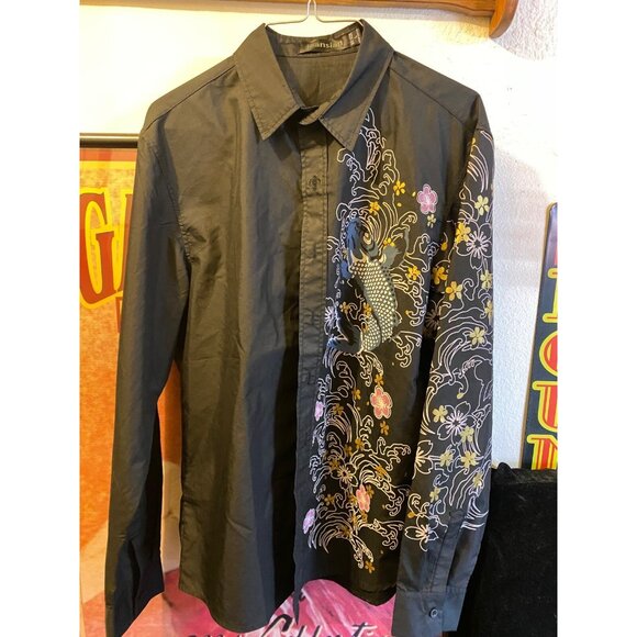 Mens Long Sleeve Button up Shirt Black Floral koi Design Large Club - Picture 1 of 5